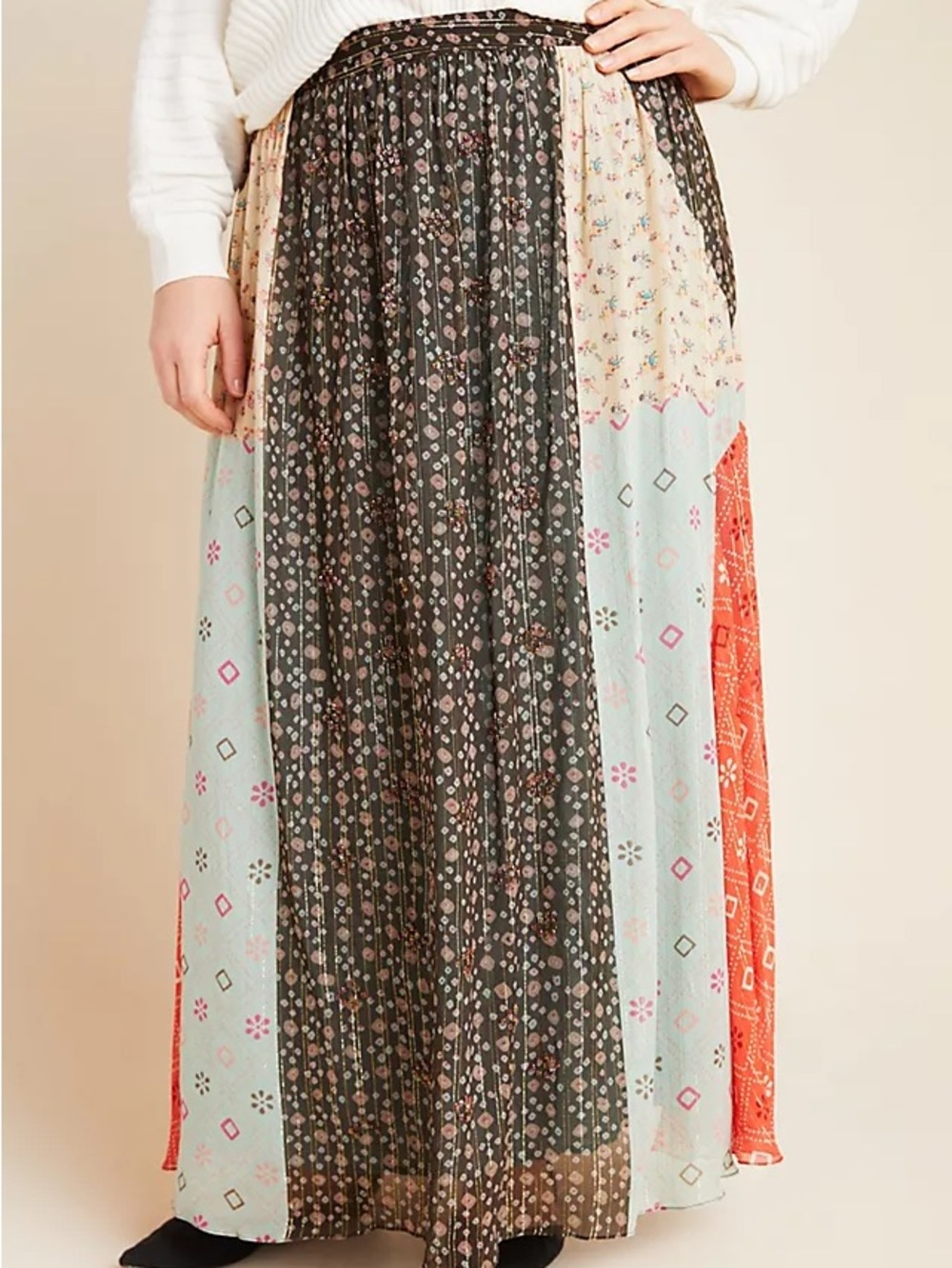 Anthropologie Multi-Panel Boho Maxi Skirt in Black, Light Blue, Coral and Cream